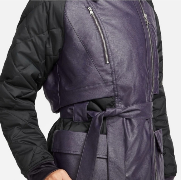 Nike Jordan New Black Royal Purple Leather Winter Trench Coat Long - Picture 5 of 6